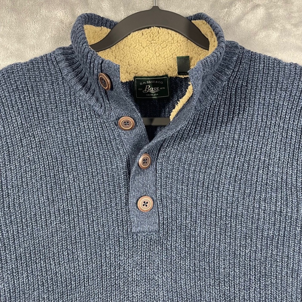 G.H. Bass & Co Mens Blue Chunky Ribbed Knit Sherpa Lined Mock Neck Sweater XXL - Picture 2 of 9
